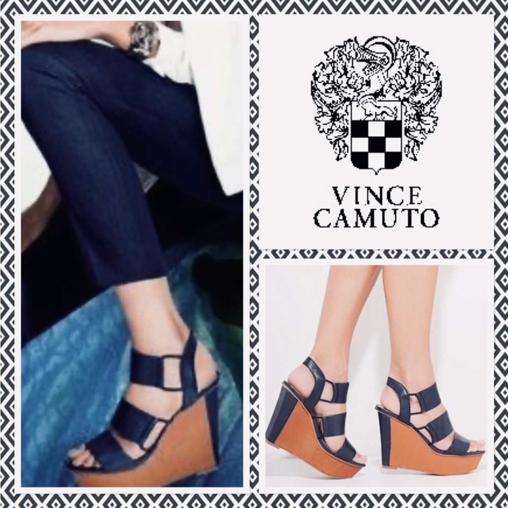 Vince Camuto Niskera Open Toe Peacock Blue and Summer Tan Leather Wedge SZ 8